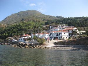 un grupo de casas en una colina junto al agua en Violetta Seaside Studios&Apartments en Karlovasi