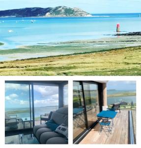 un collage de tres fotos de una playa y el océano en Villa l'hermine Vue mer exceptionnelle, prestation luxe contemporaine avec cinema et spa, borne voit électrique en Perros-Guirec