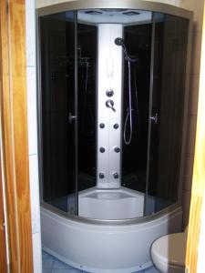 a shower with a glass door in a bathroom at Bright Side Apartment Koszutka in Katowice
