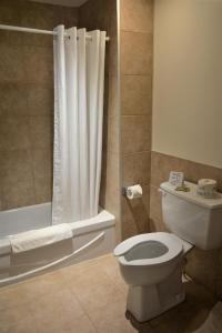 Motel Quatre Saisons في فورستفيل: حمام مع مرحاض وستارة دش