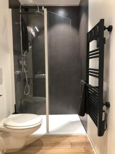 een badkamer met een toilet en een glazen douche bij Le Banc Bourguignon in Saint-Leu