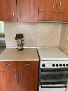una cocina con estufa y encimera en АПАРТМЕНТ 27 юли 2, en Varna