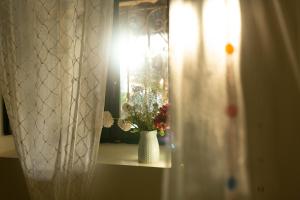 a vase with flowers on a window sill with a curtain at Casa Rural Priorato San Martín in Amés