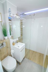 a white bathroom with a toilet and a shower at Wave in Hel in Hel