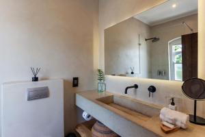 赫曼努斯Auberge Burgundy Boutique Hotel & Spa的一间带水槽和冰箱的浴室