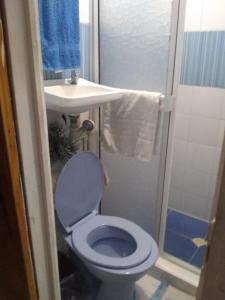 a bathroom with a blue toilet and a sink at Comfortable inn Green Sea Villa Helen, Kilometro 4 Circunvalar in San Andrés +14 photos