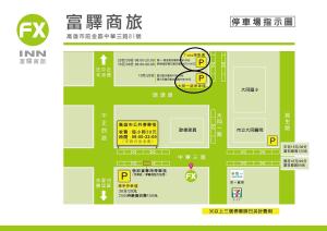 un mapa de un estacionamiento en una ciudad asiática en FX INN Kaohsiung Zhonghua Road Branch, en Kaohsiung