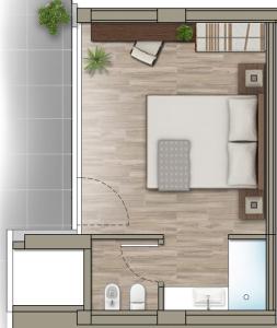 a floor plan of a small apartment with a bedroom at PRADA' Home Eco Suites in Bardolino