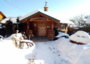 a log cabin with snow on the ground in front of it at Sadyba Pidkova in Pistyn