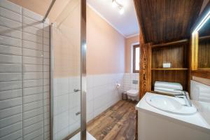 a bathroom with a sink and a shower at Apartamenty "Góralskie Kąty" agroturystyka in Szaflary +36 photos
