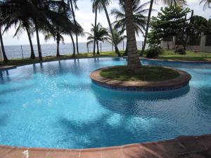 une grande piscine avec un palmier en face de l'océan dans l'établissement Résidence Hôtelière Océane, à Libreville