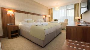 Pokój hotelowy z dużym łóżkiem i biurkiem w obiekcie Ensana Esplanade w Pieszczanach