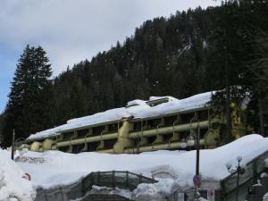 ein Gebäude mit Schnee drauf in der Unterkunft Monolocali Alberti - Silvana in Madonna di Campiglio