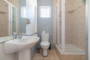 een badkamer met een wastafel, een toilet en een douche bij TwentyFour 17 Inn in Hermanus
