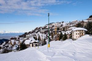 une montagne enneigée avec des bâtiments sur une colline dans l'établissement Appartamenti al Prel, à Prato Nevoso