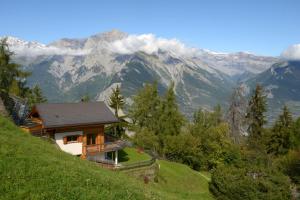 a house on a hill with mountains in the background at Ann LANDSCAPED & LUXE chalet 8 pers by Alpvision Résidences in Nendaz