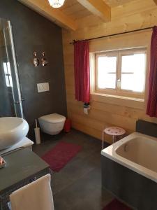 a bathroom with a tub and a toilet and a sink at Alchemilla in Bad Feilnbach