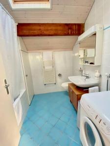 ein Badezimmer mit einem Waschbecken, einem WC und einer Waschmaschine in der Unterkunft Penthouse between lake, Ouchy and city center in Lausanne