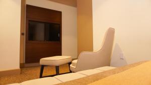 a room with a bed and a chair and a television at Selini Hotel İstanbul Airport in Istanbul
