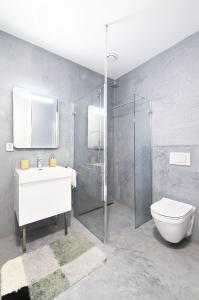 ヴルフラビーにあるMountain Apartment Vrchlabiのバスルーム(トイレ、洗面台、シャワー付)