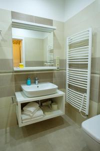 een badkamer met een wastafel en een spiegel bij Vila Terra in Luhačovice