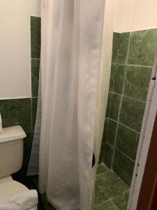 baño con ducha con cortina blanca en Hotel Don Robert, en Puntarenas