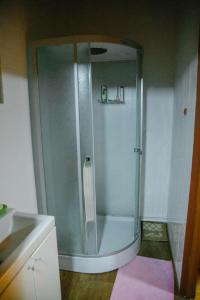 a shower with a glass door in a bathroom at Family FunHouse in Vorontsovskoye