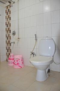 a white toilet in a bathroom with pink buckets at BBN Serviced Apartment in Calangute