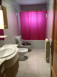 a bathroom with a pink shower curtain and a toilet at Casa Calanda in Calanda