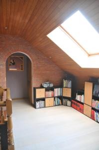Zimmer im Dachgeschoss mit Bücherregalen und einem Dachfenster in der Unterkunft La Maison du Bonheur in Gouvy