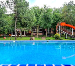 a large blue swimming pool in a park at Sky Land Camping & Resort in Chişinău