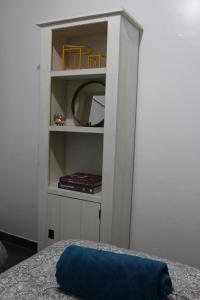 圣若泽杜斯皮尼艾斯Casa com Quarto Simples a 4 KM do aeroporto de São José dos Pinhais的一个带镜子和蓝色枕头的白色书架