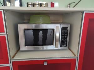 a microwave sitting on a shelf in a kitchen at Craggy Peaks in Rossarden