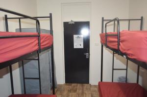 Pokój z 2 łóżkami piętrowymi i drzwiami w obiekcie Youth Shack Backpackers Darwin w mieście Darwin