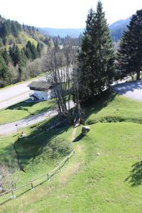 an overhead view of a field with trees and a building at Studio tout confort au calme in La Bresse