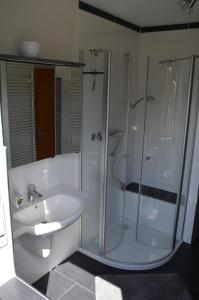 a bathroom with a glass shower and a sink at Ferienwohnung Nüdling in Hilders