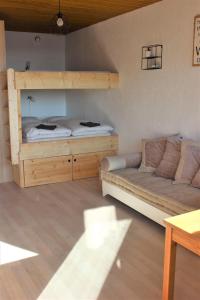 a living room with a bunk bed and a couch at Studio sous les pistes avec vue sur la vallée in La Bresse