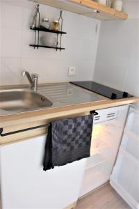 eine Küche mit einer Spüle und einer Arbeitsplatte in der Unterkunft Studio sous les pistes avec vue sur la vallée in La Bresse