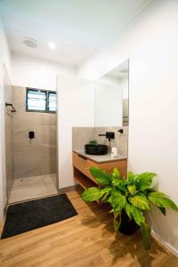 a bathroom with a walk in shower next to a walk in closet at Safari Lodge in Cape Tribulation