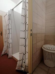 e bagno con doccia e tenda. di Hostel Vodna 1 a Košice