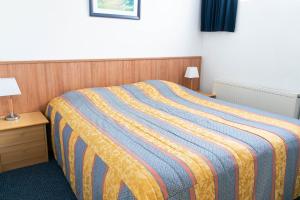 ein Schlafzimmer mit einem Bett mit gestreifter Decke in der Unterkunft Hotel Lemmer in Lemmer