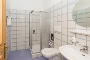 ein Bad mit einer Dusche, einem WC und einem Waschbecken in der Unterkunft Appartements Eppanerhof in Appiano sulla Strada del Vino