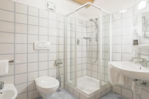 a bathroom with a shower and a toilet and a sink at Appartements Eppanerhof in Appiano sulla Strada del Vino