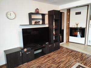 a living room with a large flat screen tv at Pavlovi Apartments in Samokov