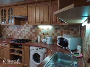 a kitchen with a sink and a washing machine at Boykivska Familiya in Yaremche +17 photos