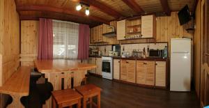 eine Küche mit einem Kühlschrank und einem Tisch darin in der Unterkunft Гніздо Беркута in Tukhlya