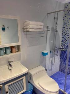 ein Bad mit einer Dusche, einem WC und einem Waschbecken in der Unterkunft Blue House in Jincheng