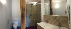 een badkamer met een douche, een wastafel en een toilet bij CHILL & ZEN - Caserío Itxaiz - in Deba
