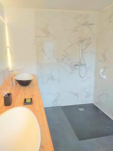 een badkamer met een toilet, een wastafel en een douche bij CHILL & ZEN - Caserío Itxaiz - in Deba