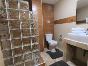 y baño con aseo y lavamanos. en Achillion Hotel Piraeus, en Pireo